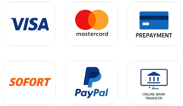 Visa, Mastercard, Prepayment, SOFORT, PayPal, Bank Transfer